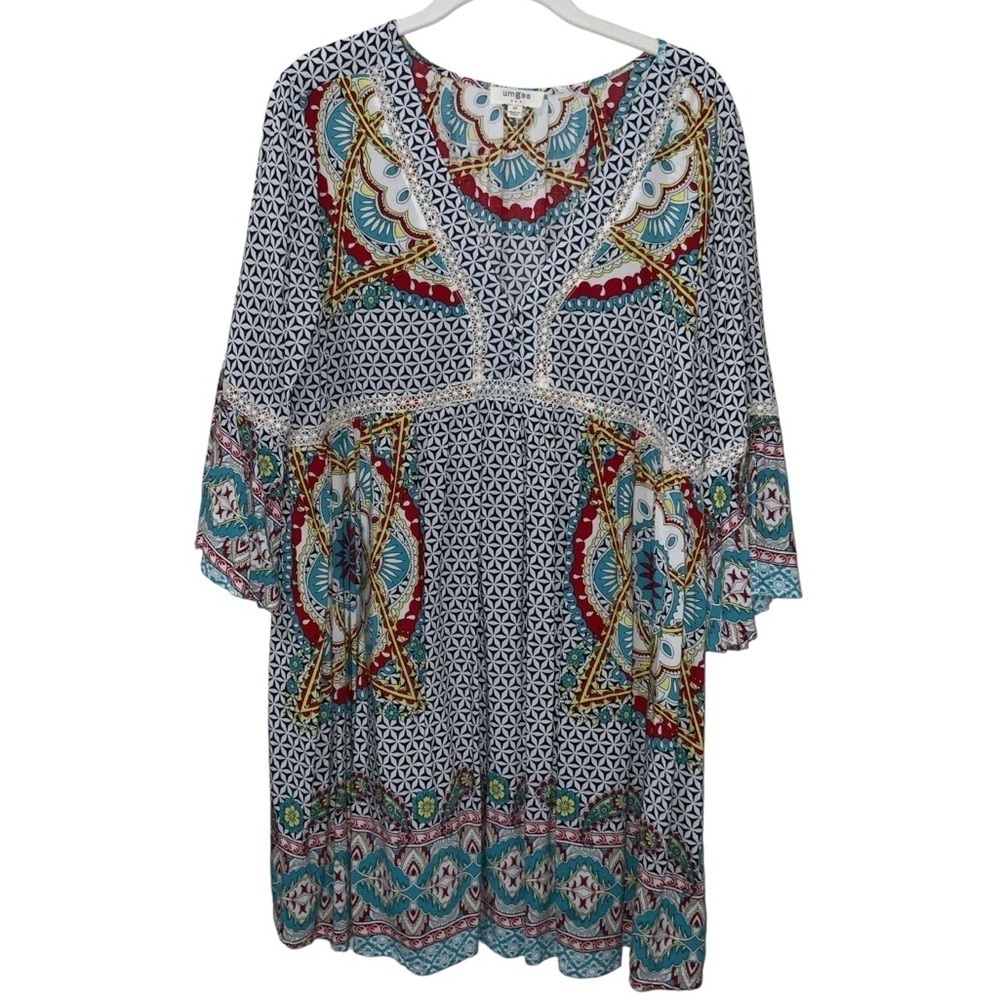 Umgee Medallion Tribal Print 3/4 Ruffle Sleeve Boho Dress Navy White Cream Aqua - Picture 1 of 7